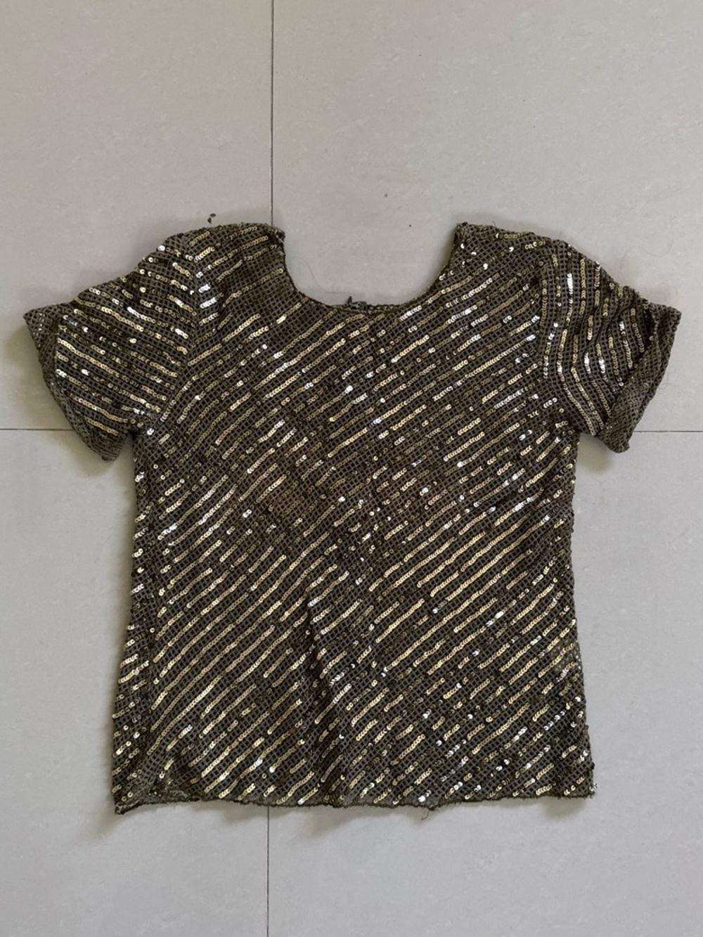 Gryphon Metallic Gold Olive Green Sequin Short Sleeve Top